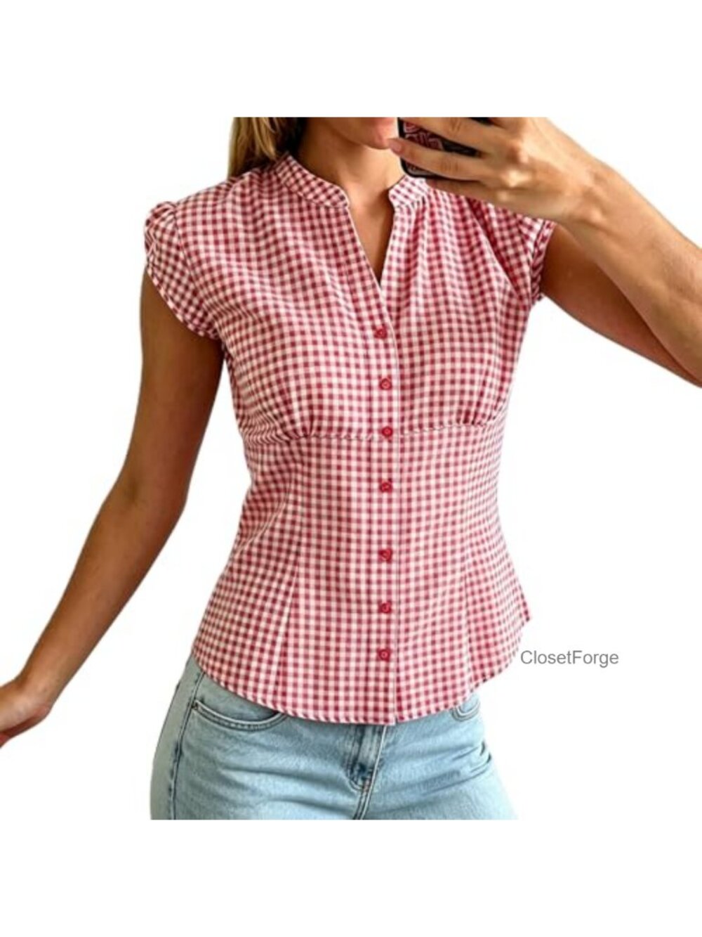 Women's Short Cap Sleeve Gingham Button Down Shirt Summer Blouse